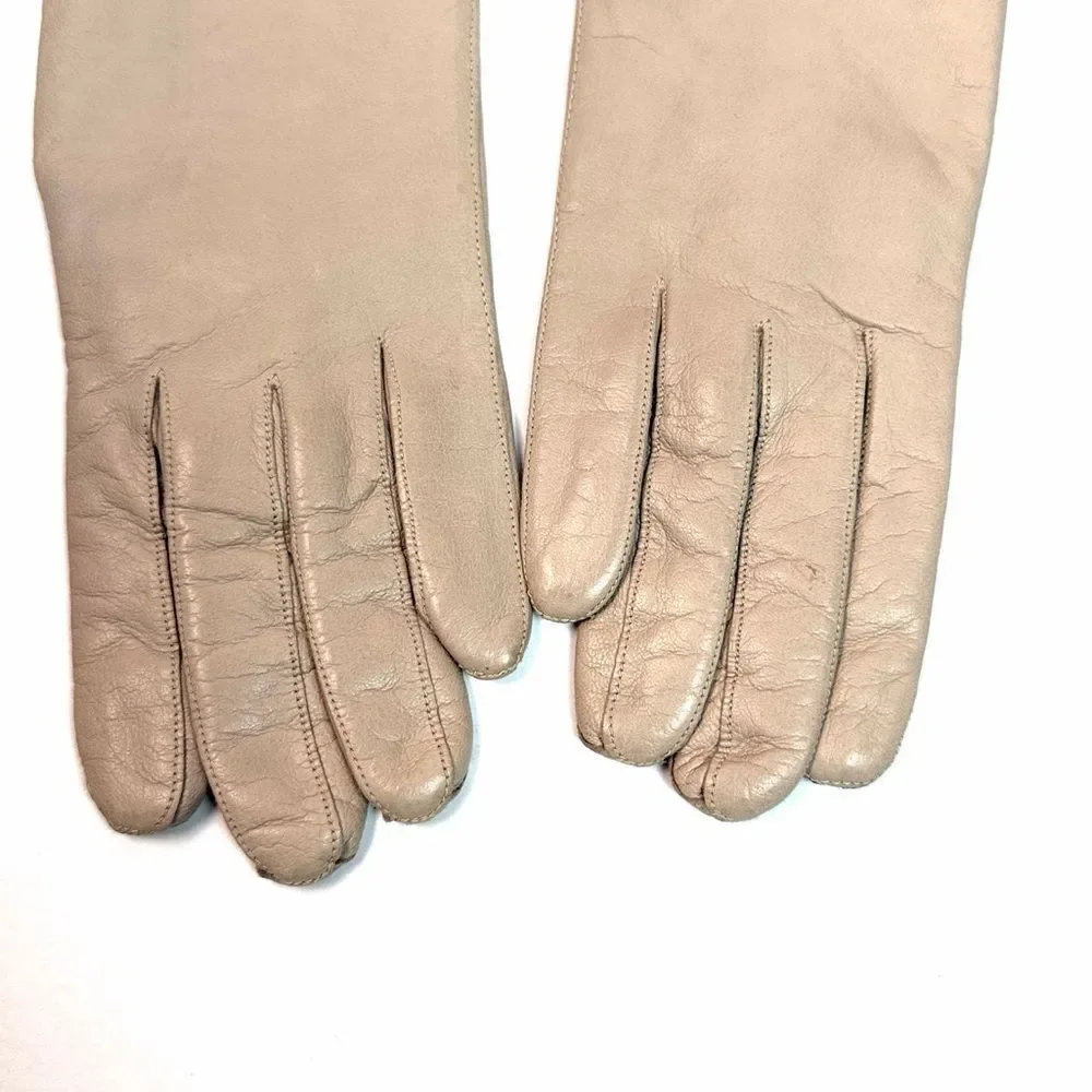 Bloomingdale's Long Leather Gloves Wool Lining Hazelnut Beige Vintage France 6,5